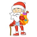 The Santa Claus using he stick holding a yellow sack of gift