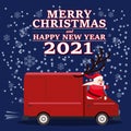 Santa Claus Van with text Merry Christmas and Happy New Year 2021 delivering shipping gifts. Flat cartoon style vector Royalty Free Stock Photo