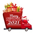 Santa Claus Van with text Merry Christmas and Happy New Year 2021 delivering shipping gifts. Flat cartoon style vector Royalty Free Stock Photo