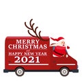 Santa Claus Van with text Merry Christmas and Happy New Year 2021 delivering shipping gifts. Flat cartoon style vector Royalty Free Stock Photo