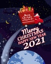 Santa Claus Van with text Merry Christmas and Happy New Year 2021 flies through the night sky above the Earth delivering Royalty Free Stock Photo