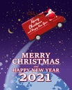 Santa Claus Van with text Merry Christmas and Happy New Year 2021 flies through the night sky above the Earth delivering Royalty Free Stock Photo