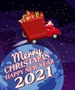 Santa Claus Van with text Merry Christmas and Happy New Year 2021 flies through the night sky above the Earth delivering Royalty Free Stock Photo