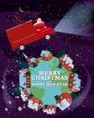 Santa Claus Van with text Merry Christmas and Happy New Year 2021 flies through the night sky above the Earth delivering Royalty Free Stock Photo