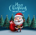 Santa claus vector character carrying bag of christmas gifts with merry christmas text greeting