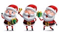 Santa claus vector character set holding christmas gifts, bell and surprise