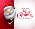 Santa claus vector character showing white board with merry christmas greeting