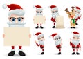 Santa claus vector characters set. Santa claus christmas character holding wish list and showing empty whiteboard.