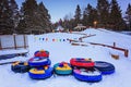 Santa Claus` Village, Val-David, Quebec, Canada - January 1, 2017: Snow tubing slide in Santa Claus village in winter. Royalty Free Stock Photo