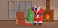 Santa Claus visit flat vector illustration. Old bearded man, Xmas symbol character in red costume placing present under