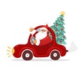 Santa Claus waves his hand and carries a Christmas tree in a red car. Merry christmas, cute character for new year