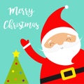Santa Claus waving hand. Merry Christmas tree. Costume, red hat, golden belt, beard. Cute cartoon kawaii funny baby character Royalty Free Stock Photo