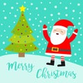 Santa Claus waving hands on snowdrift. Merry Christmas tree. Costume, red hat, golden belt, beard. Cute cartoon kawaii funny Royalty Free Stock Photo