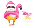 Santa Claus wearing flamingo swim ring. Tropical Christmas. Vector illustration.