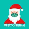 Santa Claus wearing green medical face mask in flat design. Merry Christmas 2020 festival celebration in Covid-19 Coronavirus outb Royalty Free Stock Photo