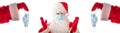 Santa Claus wearing a medical mask, his eyes and arms wide open and pointing at medical masks given to him by other Santas. Banner