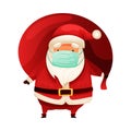 Santa Claus wearing protective face mask carrying red bag of gifts. Christmas card, banner, flyer design cartoon vector Royalty Free Stock Photo