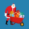 Santa Claus Wheelbarrow and gifts. Xmas grounds trolley. Christmas and new year. Vector illustration