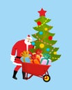 Santa Claus Wheelbarrow and gifts. Xmas grounds trolley.