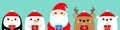 Santa Claus White Bear Snowman Raindeer Deer Penguin Bird Face Icon Set. Holding Gift Box. Merry Christmas. New Year. Cute Cartoon