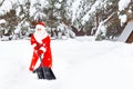 Santa Claus with a white beard, in a red fur coat, hat and mittens removes snow with a shovel. New year, christmas Royalty Free Stock Photo