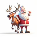 Santa Claus with a white beard in a red suit and a cheerful deer, funny cute cartoon christmas 3d