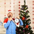 Santa Claus with wild face near Christmas tree on background