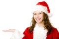 Santa Claus woman holds hand for ad sign board Royalty Free Stock Photo