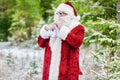 Santa Claus in woods showing quiet secret Royalty Free Stock Photo