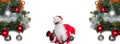 Santa Claus working out with two dumbbells, doing bicep curls. Santa surrounded with decorated Christmas trees. Healthy holidays