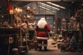 Santa Claus works diligently, creating and wrapping toys in his festive workshop Royalty Free Stock Photo