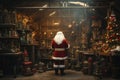 Santa Claus works diligently, creating and wrapping toys in his festive workshop