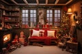 Santa Claus workshop interior with gifts and Christmas decoration. Generative AI Royalty Free Stock Photo