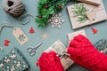 Santa Claus wrapping Christmas gift. Merry Christmas concept, Top view of Santa claus hands wrapping a craft gift box Royalty Free Stock Photo