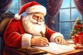 Santa Claus writes letters to children against a beautiful Christmas background. Beautiful magical Christmas postcard. Cartoon