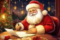 Santa Claus writes letters to children against a beautiful Christmas background. Beautiful magical Christmas postcard. Cartoon