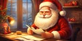 Santa Claus writes letters to children against a beautiful Christmas background. Beautiful magical Christmas postcard. Cartoon