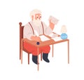 Santa Claus writing at table, answering Christmas letters. Old bearded character work with Xmas mail, New Year