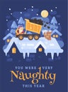 Santa Claus in a yellow tipper truck on a rooftop unloading coal into the chimney of a very naughty kid. Christmas card Royalty Free Stock Photo