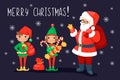 Santa Clause with bell and presents bag and two cute elves with gifts and sweets and candies on the dark background with Royalty Free Stock Photo