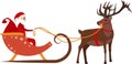 Santa clause with christmas gifts riding sleigh pulled by reindeer vector icon isolated on white Royalty Free Stock Photo