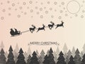 Santa Clause on deer sleigh flying over the forest in the night over the stars and the moon. Vector illustration. Royalty Free Stock Photo