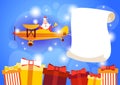 Santa Clause Flying Airplane Carrying Empty Banner Copy Space New Year Celebration