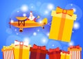 Santa Clause Flying Airplane Carrying Present Box Happy New Year Greeting Card Celebration Banner