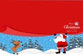 Santa clause pulling red curtain with copy space, texts merry Christmas and happy new year on corner reindeer,  pine trees Royalty Free Stock Photo