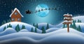 Santa Clause and Reindeers Sleighing Through Christmas Night Over the Snow Fields Royalty Free Stock Photo