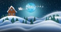 Santa Clause and Reindeers Sleighing Through Christmas Night Over the Snow Fields and Santas House Royalty Free Stock Photo