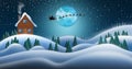 Santa Clause and Reindeers Sleighing Through Christmas Night Over the Snow Fields and Santas House Royalty Free Stock Photo