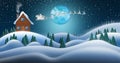 Santa Clause and Reindeers Sleighing Through Christmas Night Over the Snow Fields and Santas House Royalty Free Stock Photo