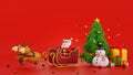 Santa clause with sleigh near snowman and Christmas tree gifts box, Happy New year and Merry Christmas greeting card, 3D rendering Royalty Free Stock Photo